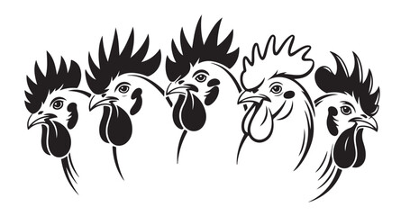  rooster heads silhouettes group farm bird icons monochrome © Imad