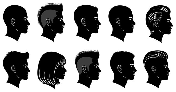 Untitled-2Silhouette human head profiles with diverse hairstyles, mohawk, slicked back, short cuts, bob haircut, fashion haircut icons, cad drawing flat vector illustration.