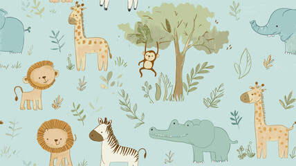 Fototapeta premium Safari animals pattern with giraffes, elephants, and lions on a light blue background. Cute cartoon jungle animals seamless pattern