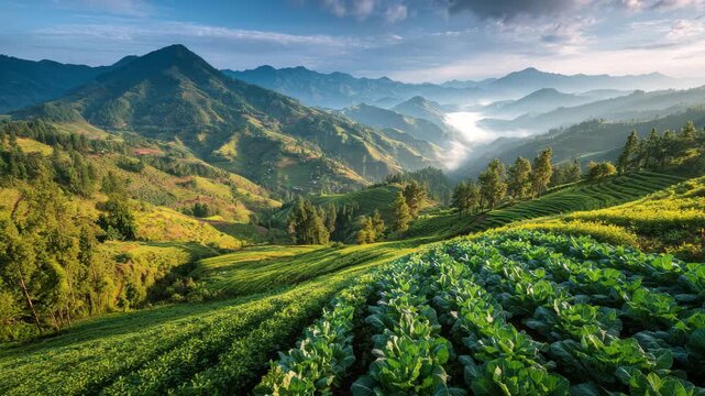 Stunning view of lush terraced fields and mountains at sunrise. Mist blankets the valleys while vibrant greens dominate the landscape. Nature showcases its beauty in a serene setting.