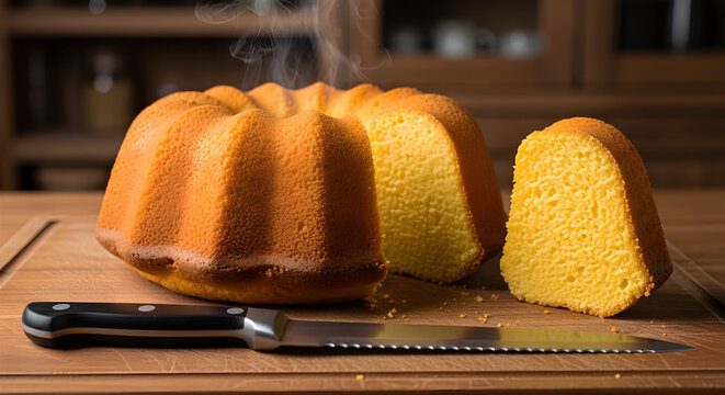 Cornmeal cake or corn cake, called BROA in Brazil. Cake cut with a serrated knife on a wooden board in a kitchen.