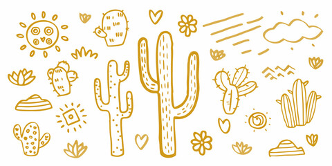 Desert landscape illustration featuring cacti suns and botanical elements © AnupKumar