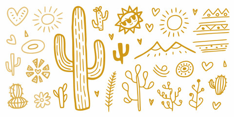 Desert themed doodle set with cacti suns hearts and mountain shapes © AnupKumar