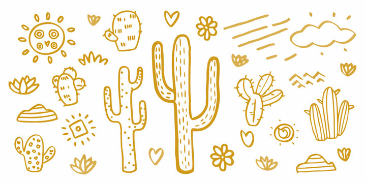Desert landscape illustration featuring cacti suns and botanical elements