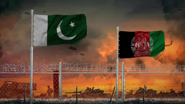 Pakistan and Afghanistan flags flying over the tense border conflict zone animation