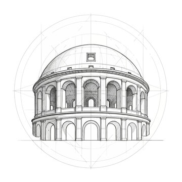 Architectural Sketch of a Classical Domed Building with Arches.