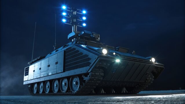 A futuristic, armored unmanned ground vehicle equipped with multiple lights and sensors, designed for nighttime operations on rugged terrain.