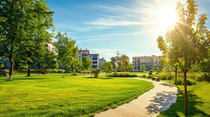 Obraz premium A sunny park scene with green grass, trees, and a winding path. Modern buildings are visible in the background under a clear blue sky.