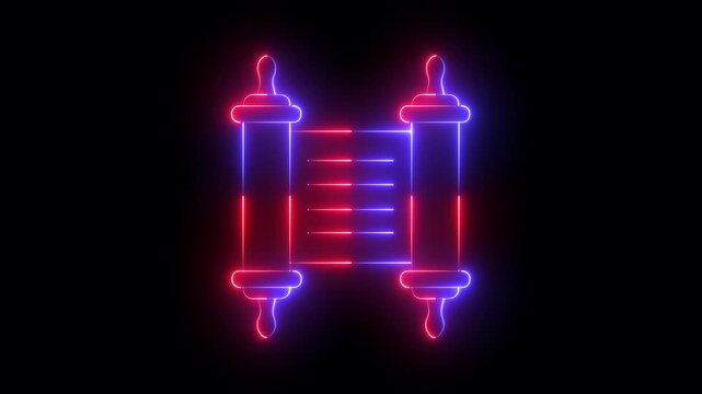glowing neon Torah scroll icon isolated on black background. Jewish Torah in expanded form. Old parchment scroll. Scroll icon animation. Torah study. History, ancient. 4k video animation.