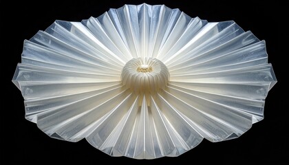 Abstract radial form of translucent material, resembling petals, emanating from a clustered central structure