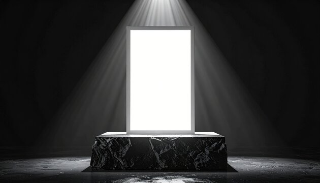 A white frame, center stage on a dark stone stand, bathed in light against a dark background