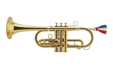 Obraz premium Shiny gold trumpet with French flag tassel on white background
