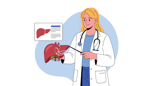 Female doctor in a white coat using a pointer stick to explain human liver anatomy with a medical diagram in the back.