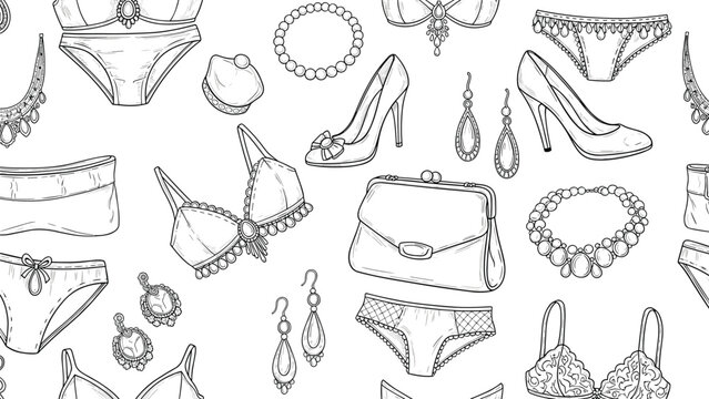 Fashionable monochrome seamless pattern featuring hand drawn sketches of lingerie, high heels, and various luxury jewelry pieces.