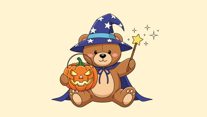 Naklejka premium Charming teddy bear dressed as a wizard in a star-patterned hat holds a magic wand and a carved jack-o-lantern bucket.