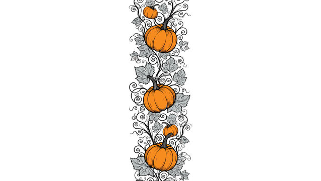 Decorative vertical border features orange pumpkins and grey vine leaves, ideal for autumn, harvest, or Thanksgiving designs.