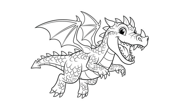 Friendly little dragon with wings and scales is depicted in a detailed black and white line art style, perfect for kids to color.