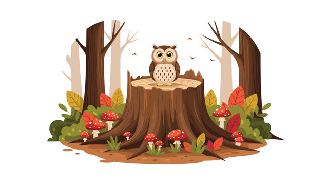 Wise owl perched on a tree stump in a lush autumn forest surrounded by colorful mushrooms and fallen leaves.