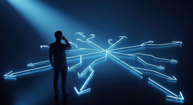 Man contemplating directional arrows amidst light symbolizing choice