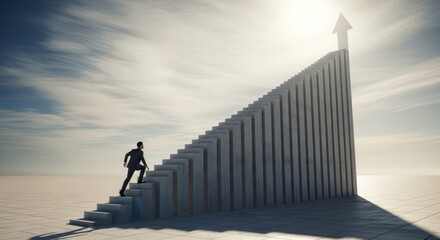 Obraz premium Man climbing stairs to success with arrow symbolizing growth and ambition