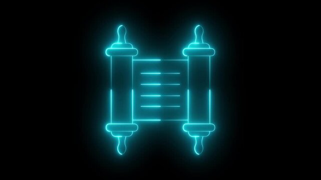 glowing neon Torah scroll icon isolated on black background. Jewish Torah in expanded form. Old parchment scroll. Scroll icon animation. Torah study. History, ancient. 4k video animation.