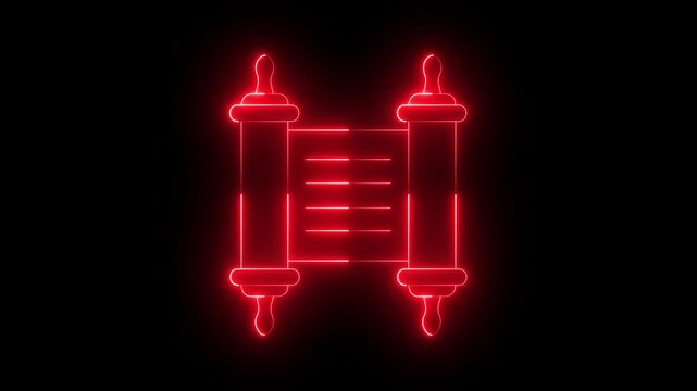 glowing neon Torah scroll icon isolated on black background. Jewish Torah in expanded form. Old parchment scroll. Scroll icon animation. Torah study. History, ancient. 4k video animation.