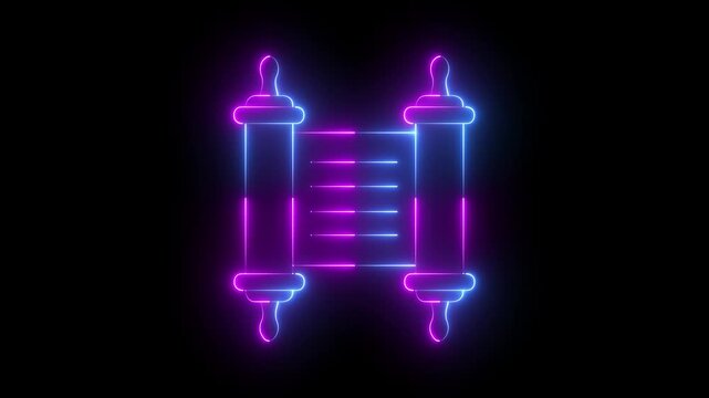 glowing neon Torah scroll icon isolated on black background. Jewish Torah in expanded form. Old parchment scroll. Scroll icon animation. Torah study. History, ancient. 4k video animation.