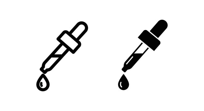 Dropper icon with falling drop in outline and filled versions, symbolizing liquid, science, and measurement.
