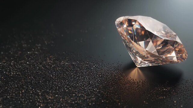 A large, multifaceted gemstone sparkles on a dark surface, surrounded by reflective particles