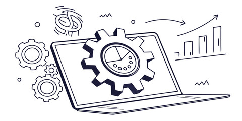Obraz premium Illustration of a laptop with gears and charts representing technology and business.
