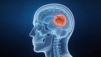 Obraz premium Medical visualization of human head anatomy, translucent human body contour, highlighting meningioma lesion region in 3D medical illustration