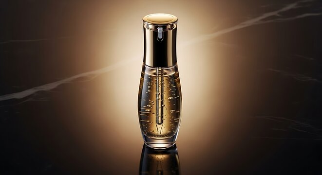 A bottle of perfume on a reflective surface with a light shining behind it