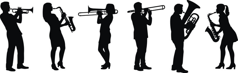 Black, silhouette, set, of, musicians, playing, instruments, like, saxophone, trumpet, trombone, and, tuba, isolated, on, white, background, for, jazz, and, band, design. © Sagar Creative