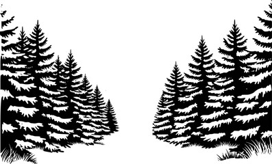 Obraz premium Black Silhouette Evergreen Forest Path with Snowy Ground and White Background trees