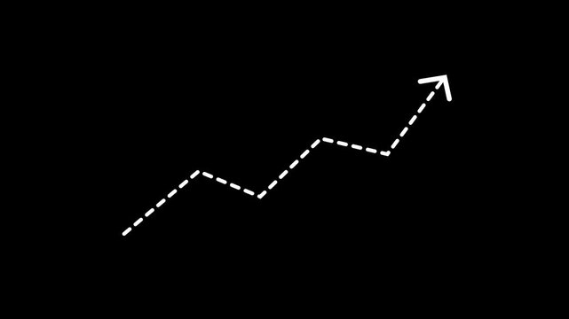 Business growth arrow dotted line animation on black background. dotted line graph arrow, dashed arrow pointing upwards, showing growth and progress. success, development and economic growth concept.