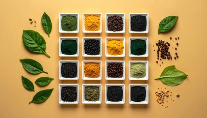 Naklejka premium Bright, overhead shot of square containers of various powders and scattered leaves on a tan surface