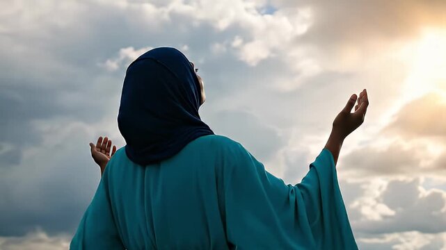 Back View of Woman in Teal Hijab and Flowing Dress Raising Arms Towards Cloudy Sky in Prayer or Hope