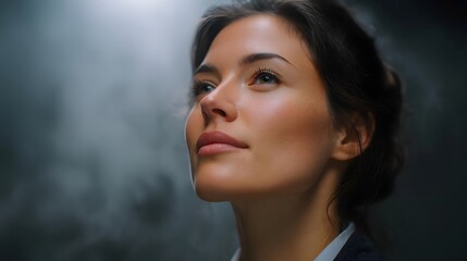 Fototapeta premium A woman gazes upwards through atmospheric mist with a thoughtful expression