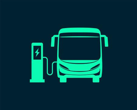 Electric bus connected to charging station. Editable vector illustration.