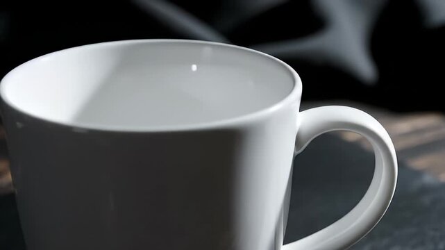Close-up of a plain white ceramic coffee mug with a handle on a dark, textured with soft