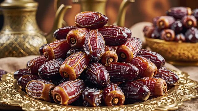 Close-up of a pile of fresh, plump, and delicious dates artfully arranged on an ornate golden plate