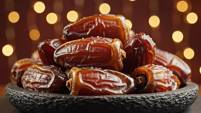 Close-up of a pile of fresh, glossy dates in a textured black bowl, illuminated by soft bokeh lights