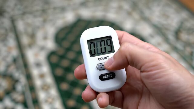 Close-up of a hand holding a digital tasbih counter, pressing buttons to count prayer beads during