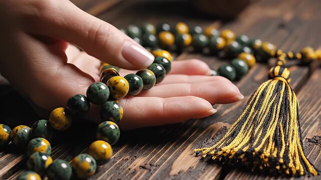 Close-up of a hand holding a mala necklace with green and yellow beads and a tassel, resting on