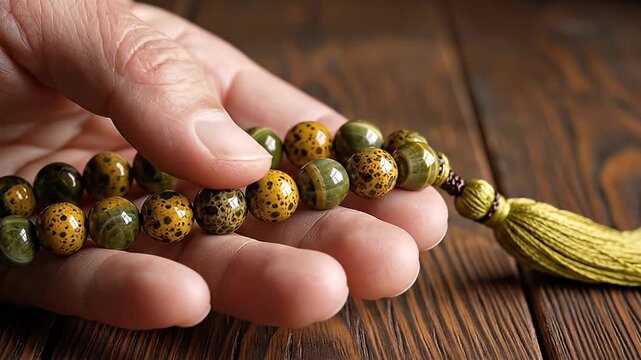 Close-up of a hand holding prayer beads made of patterned green and yellow stones with a golden