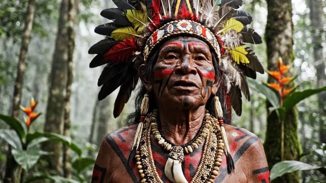 Indigenous man in traditional attire holding maraca in rainforest