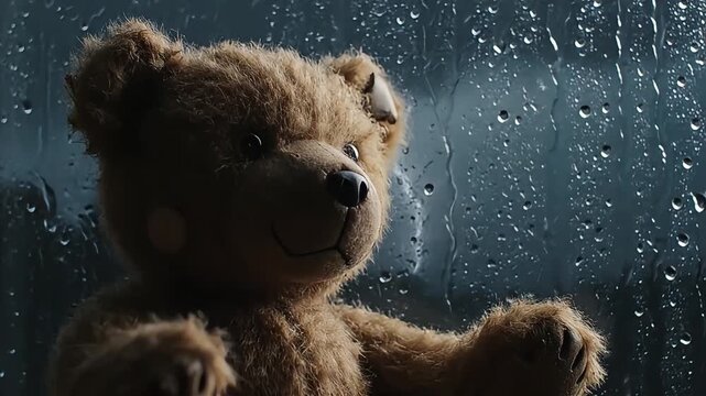 Teddy Bear Looking Out Rainy Window on a Gloomy Day.