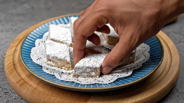Close-up of a hand picking up a sweet pastry dusted with powdered sugar from a decorative blue