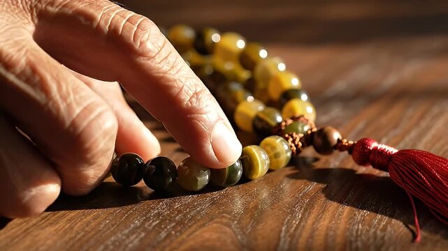 Close-up of a hand touching prayer beads made of tiger eye stones with a red tassel on a wooden