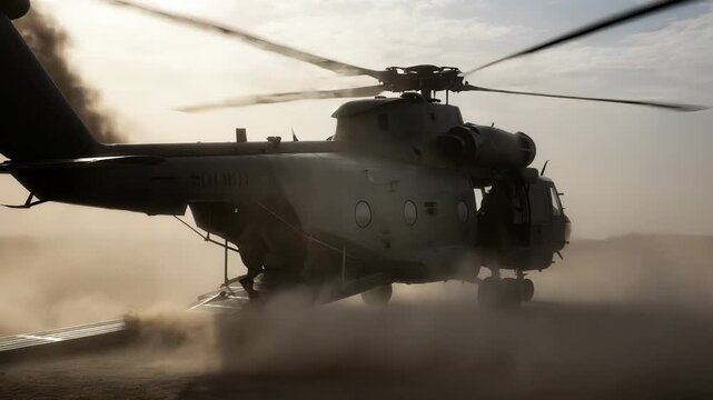 Military personnel disembark a helicopter in a dusty, arid environment at sunset, preparing for action.